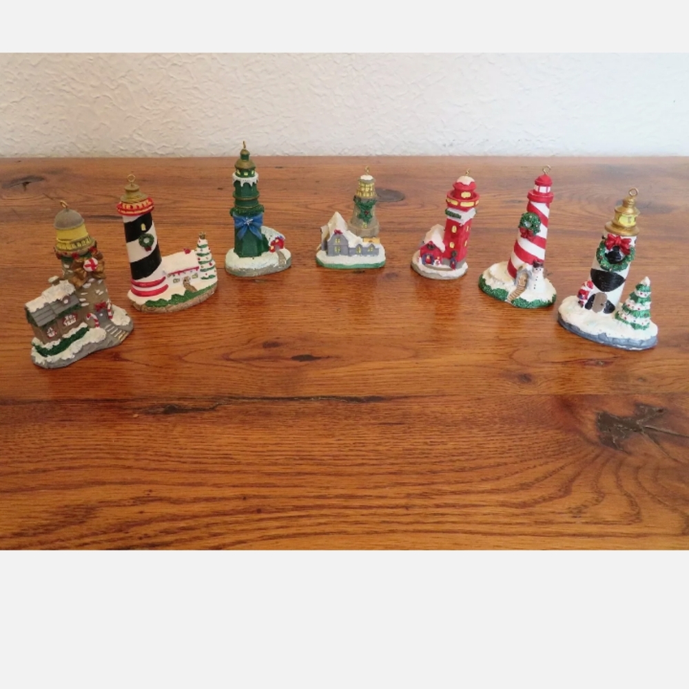 Set of 7 Christmas lighthouse ornaments